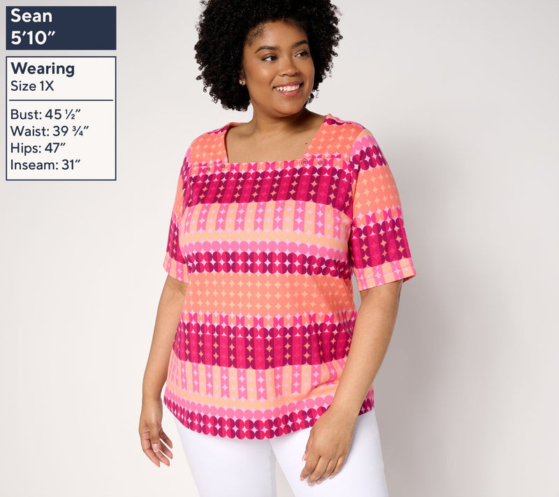 Sport Savvy French Terry Square Neck Printed Top w/ Button Detail — View 2