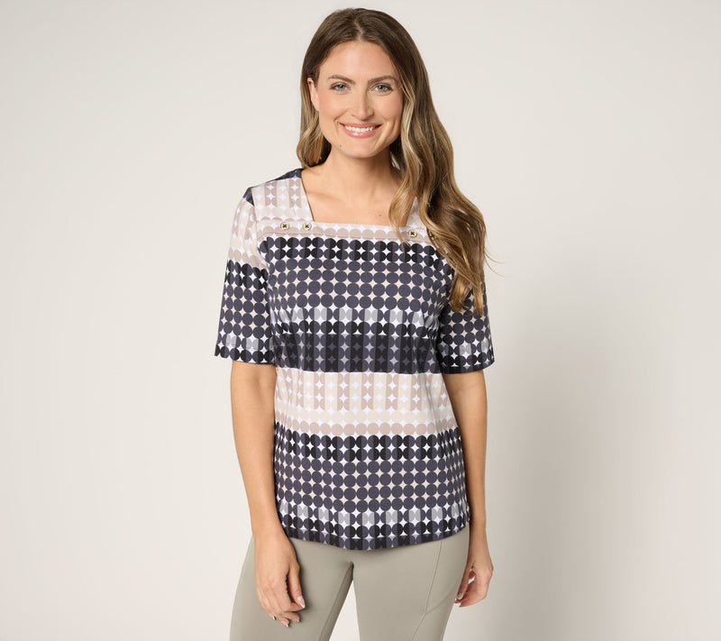Sport Savvy French Terry Square Neck Printed Top w/ Button Detail — View 11