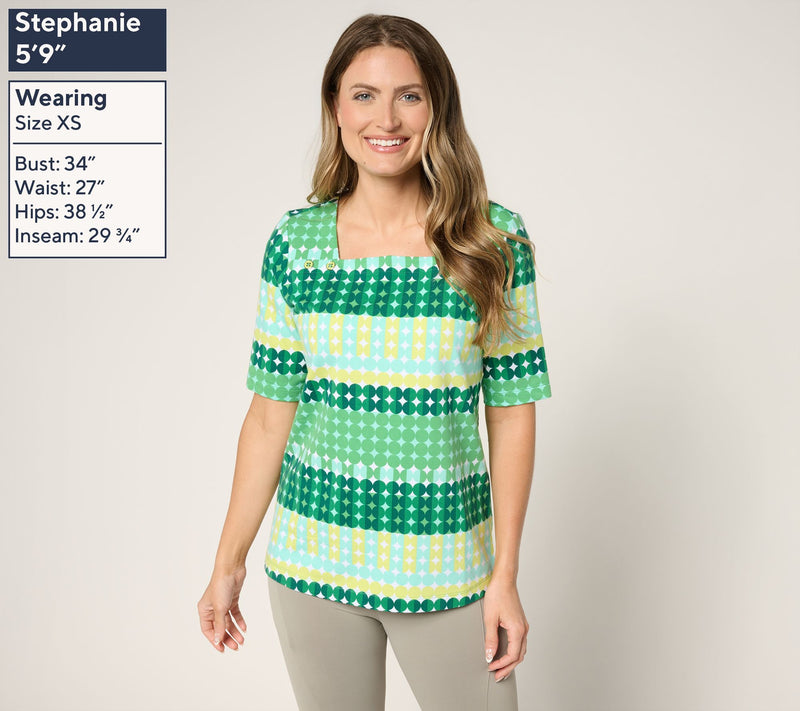 Sport Savvy French Terry Square Neck Printed Top w/ Button Detail — View 3