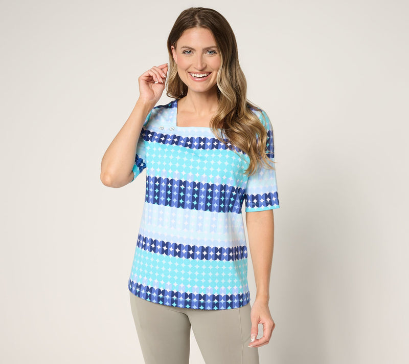 Sport Savvy French Terry Square Neck Printed Top w/ Button Detail — View 14