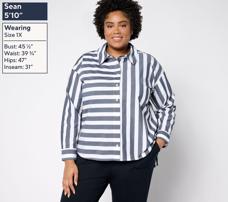 Women with Control Poplin Button Front Shirt with Mixed Stripe — View 6