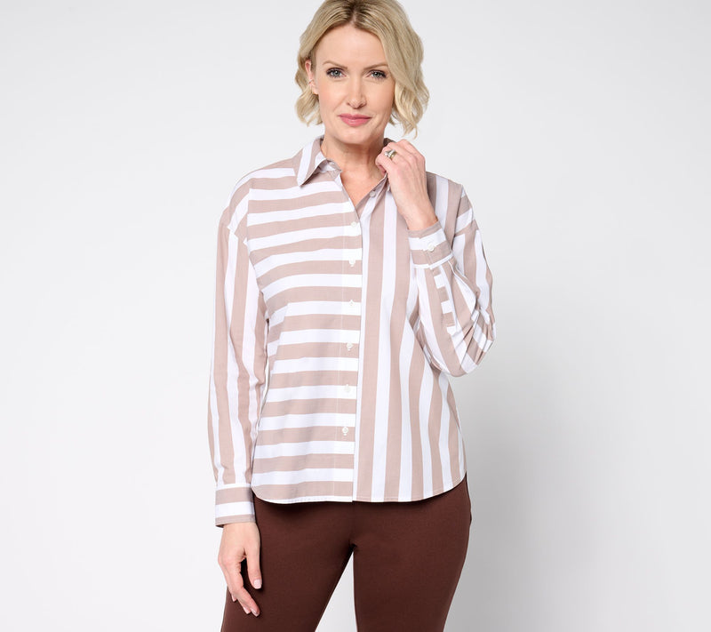 Women with Control Poplin Button Front Shirt with Mixed Stripe — View 5