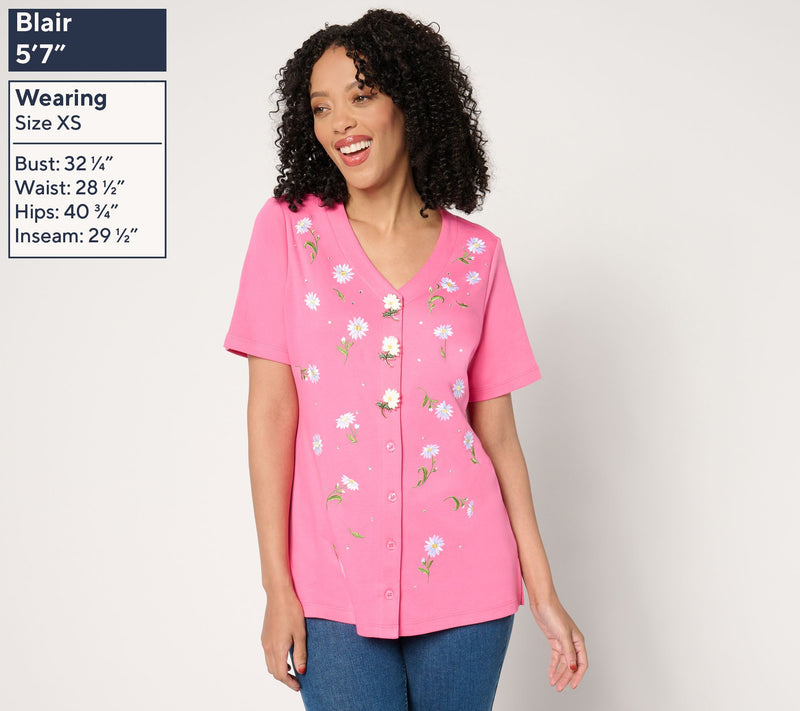 Quacker Factory Field of Daisies Button Cover Short Sleeve Cardigan — View 3