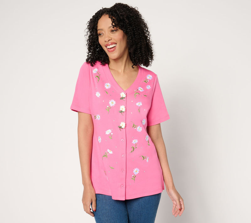 Quacker Factory Field of Daisies Button Cover Short Sleeve Cardigan — Main view