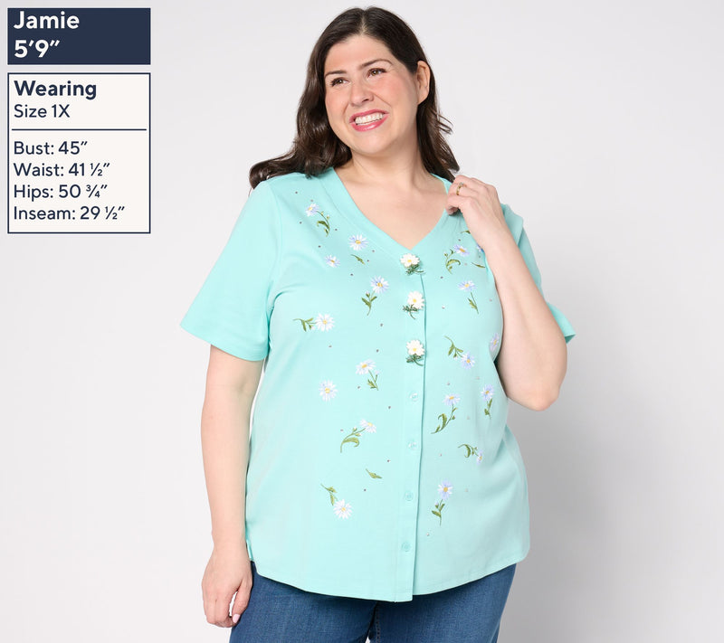 Quacker Factory Field of Daisies Button Cover Short Sleeve Cardigan — View 2