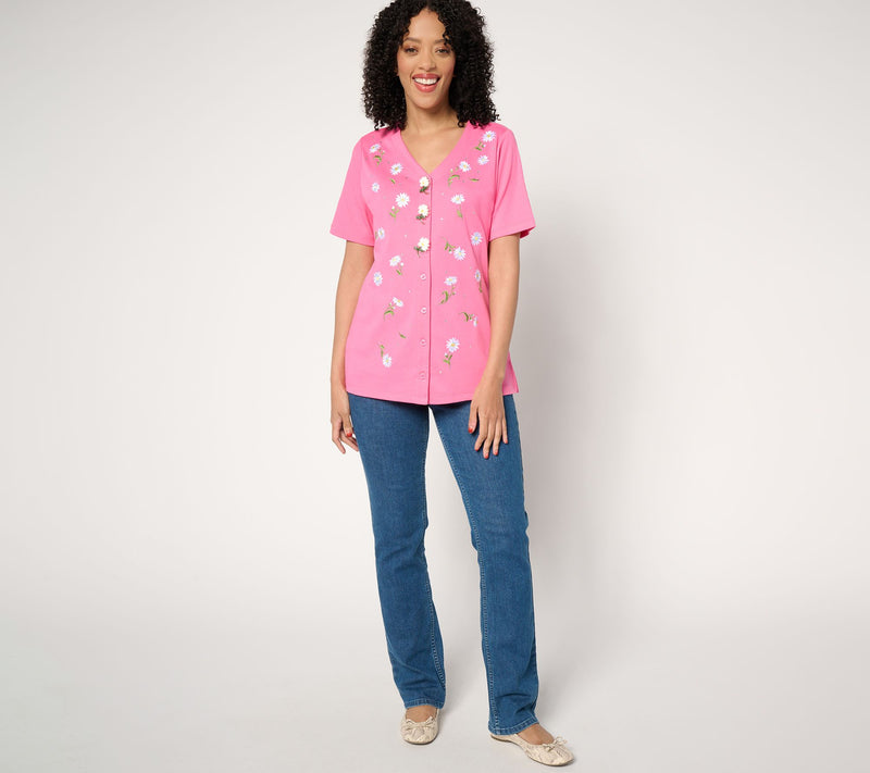 Quacker Factory Field of Daisies Button Cover Short Sleeve Cardigan — View 5