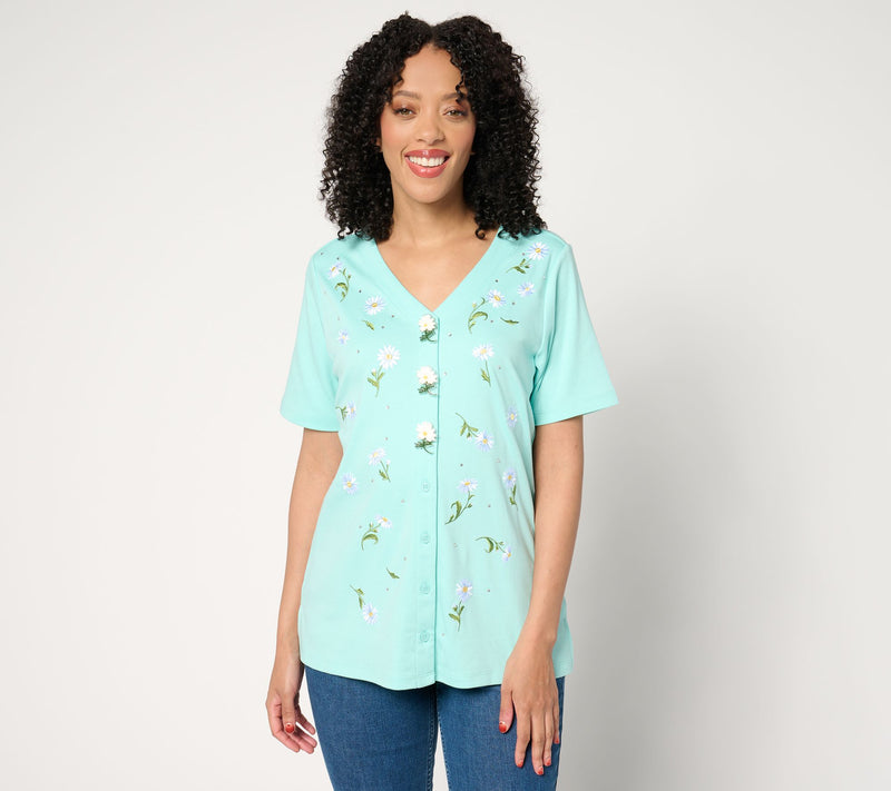 Quacker Factory Field of Daisies Button Cover Short Sleeve Cardigan — View 11