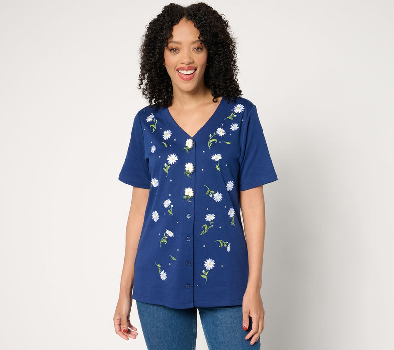 Quacker Factory Field of Daisies Button Cover Short Sleeve Cardigan — View 12
