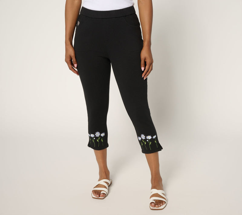 Quacker Factory DreamJeannes Short Daisies Embroidered Capri Pant — Main view
