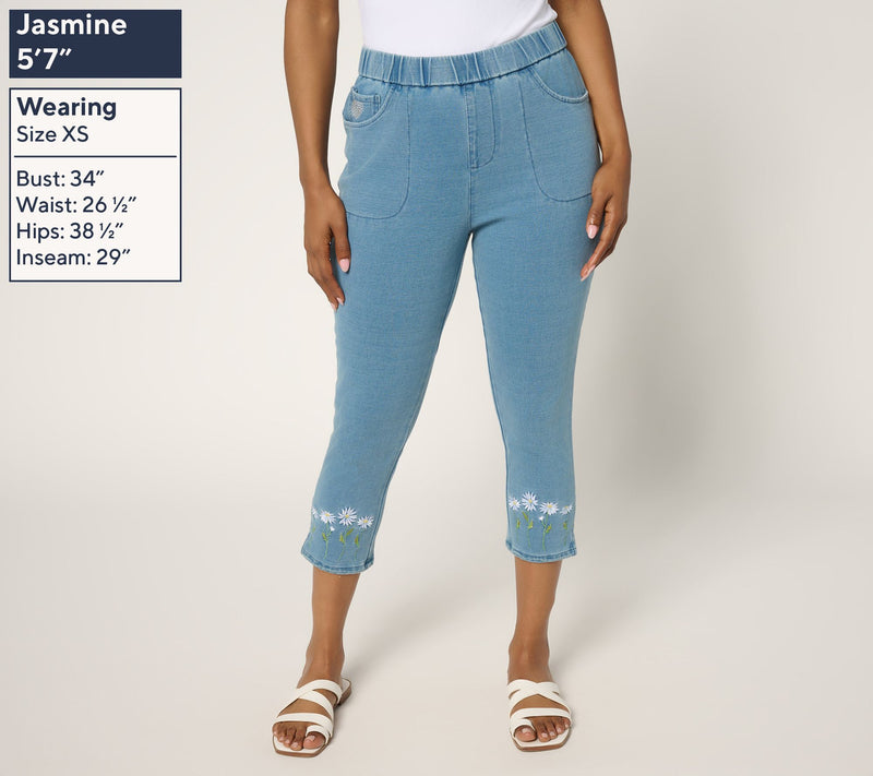 Quacker Factory DreamJeannes Short Daisies Embroidered Capri Pant — View 7