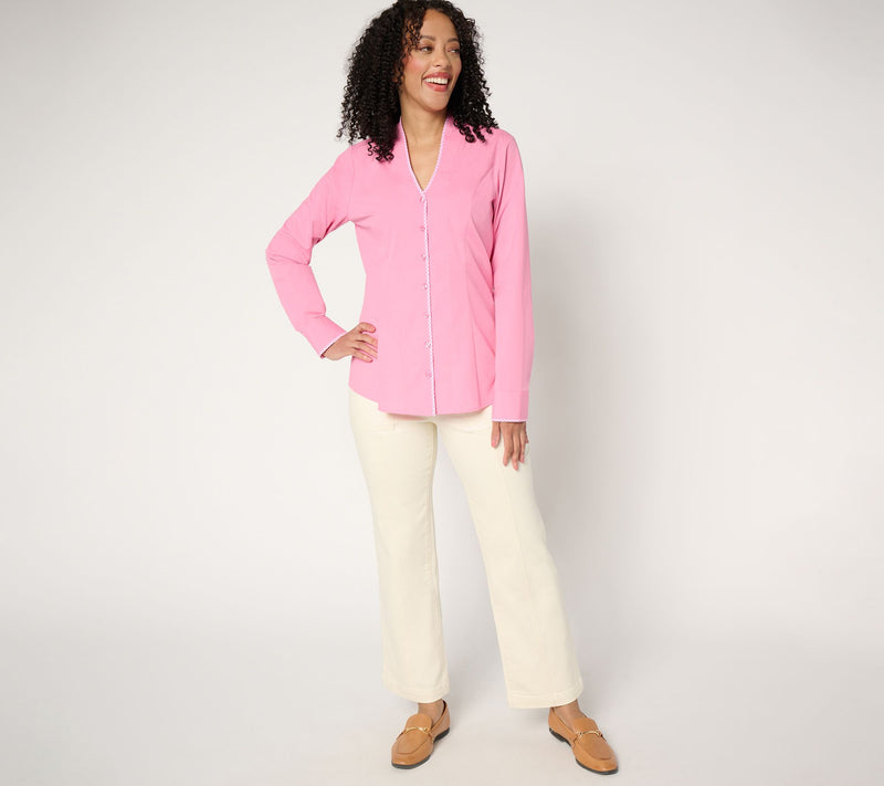 Isaac Mizrahi Live! Stretch Poplin Shirt with Gingham Detail — View 5