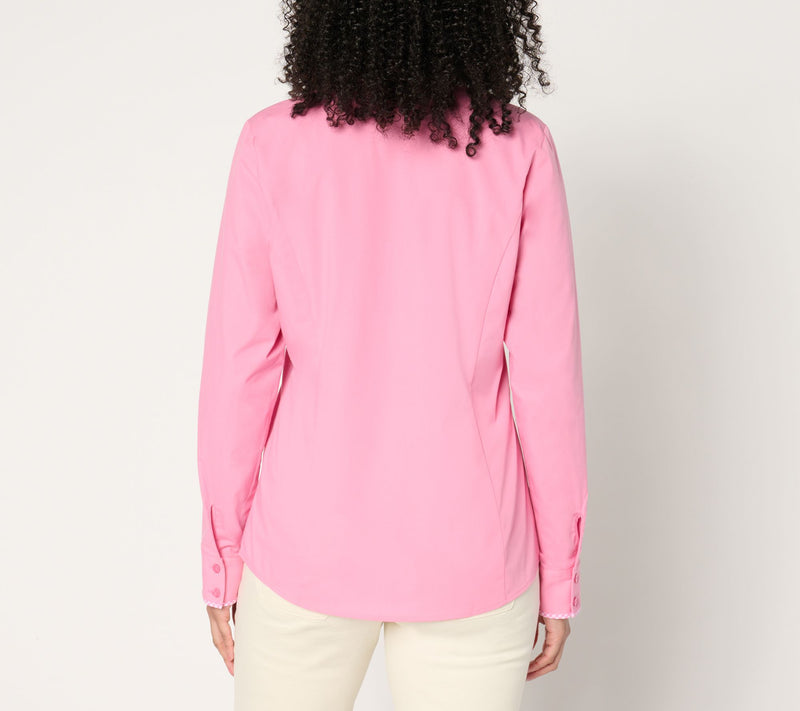 Isaac Mizrahi Live! Stretch Poplin Shirt with Gingham Detail — View 4