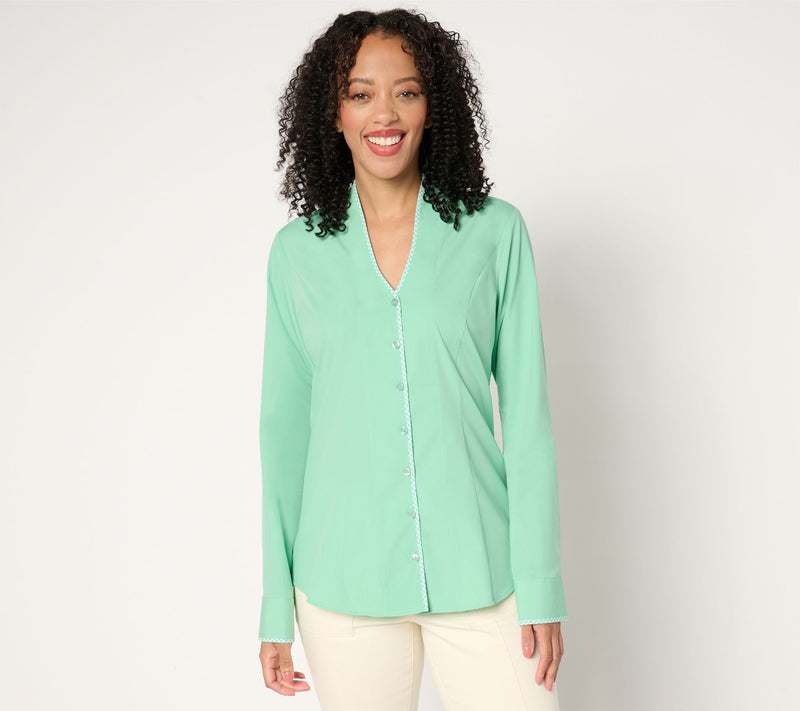 Isaac Mizrahi Live! Stretch Poplin Shirt with Gingham Detail — View 12