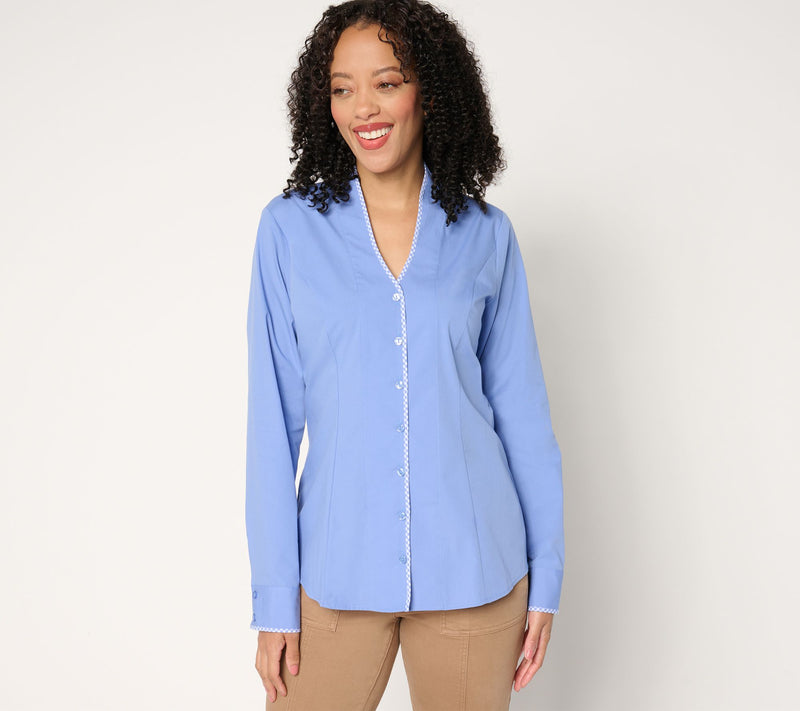 Isaac Mizrahi Live! Stretch Poplin Shirt with Gingham Detail — View 13