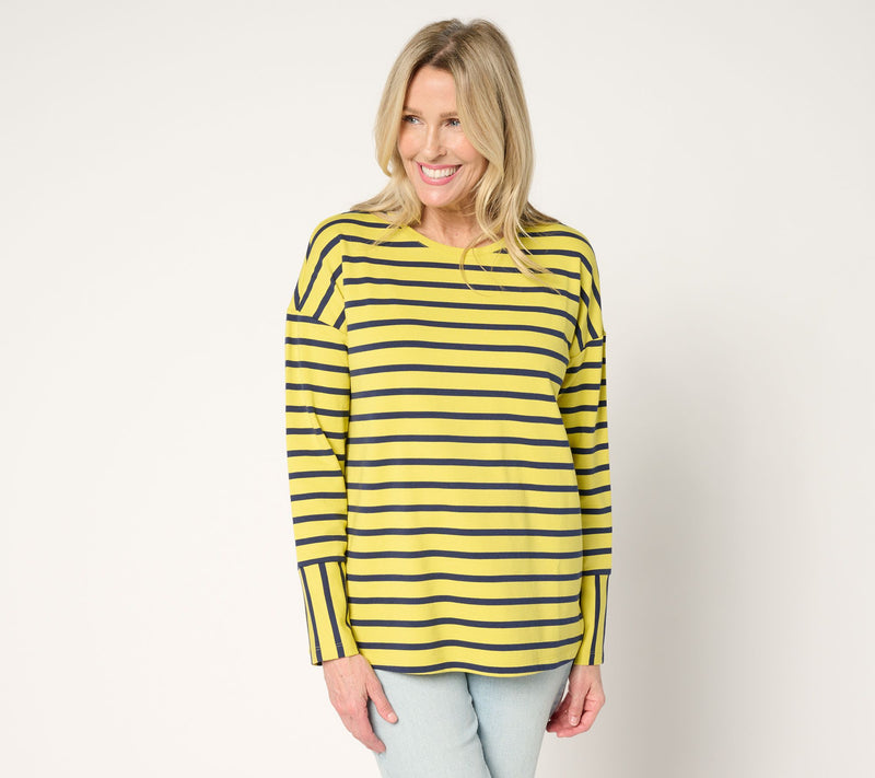 Denim & Co. Active French Terry Drop Shoulder Striped Top — Main view