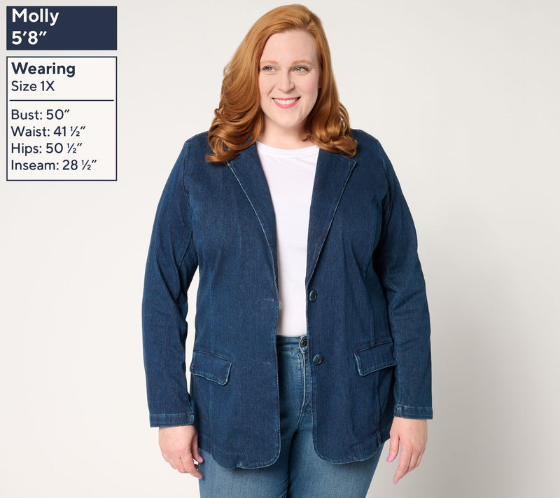 Isaac Mizrahi Live! Knit Denim Classic Slimming Blazer — View 2