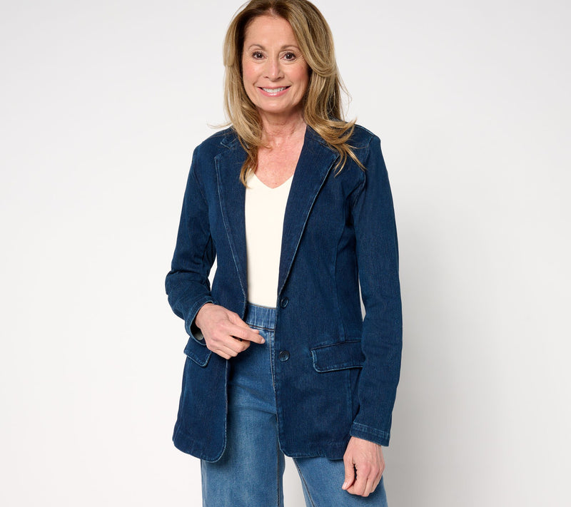 Isaac Mizrahi Live! Knit Denim Classic Slimming Blazer — View 13