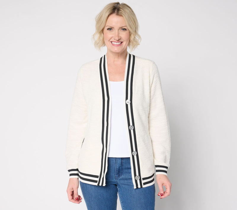 BEAUTIFUL by Lawrence Zarian Blouson Sleeve Striped Trim Cardigan — View 11