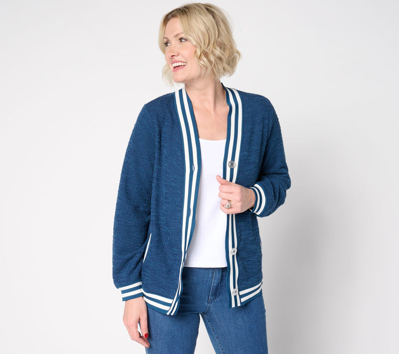 BEAUTIFUL by Lawrence Zarian Blouson Sleeve Striped Trim Cardigan — View 12