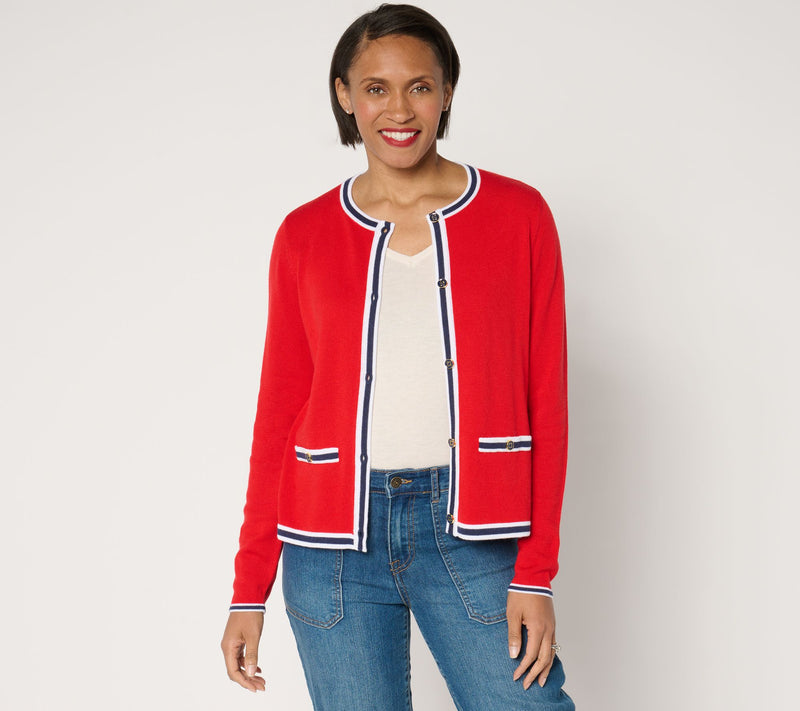 Joan Rivers Button-Front Sweater Cardigan with Tipping — View 3