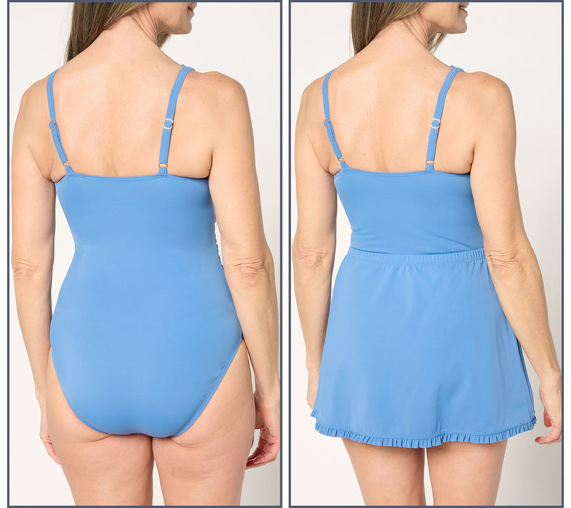 Susan Graver Soleil V-Neck Swimsuit with Ruffles & Overskirt — View 10
