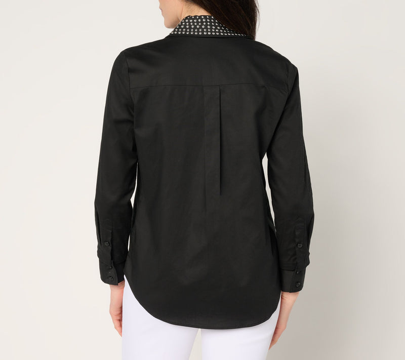 by Stacy London Poplin Button Front Foundation Shirt- Black — View 4