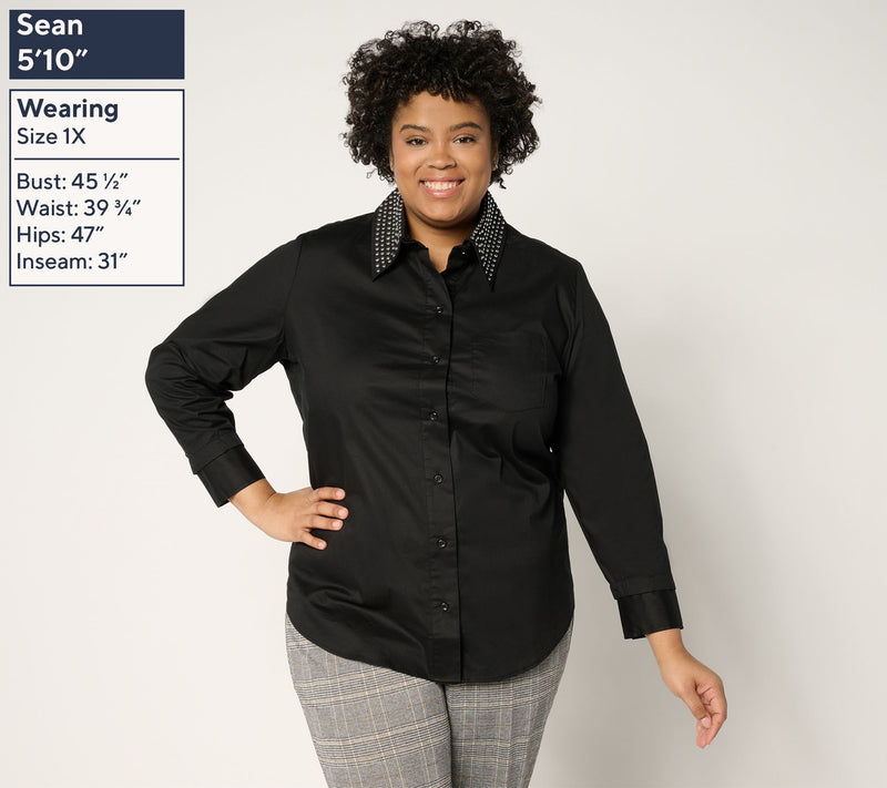 by Stacy London Poplin Button Front Foundation Shirt- Black — View 2