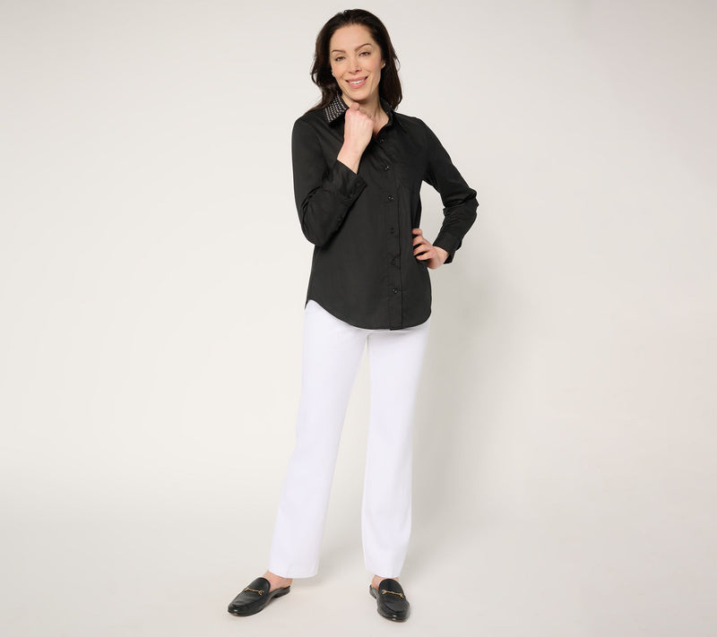 by Stacy London Poplin Button Front Foundation Shirt- Black — View 5
