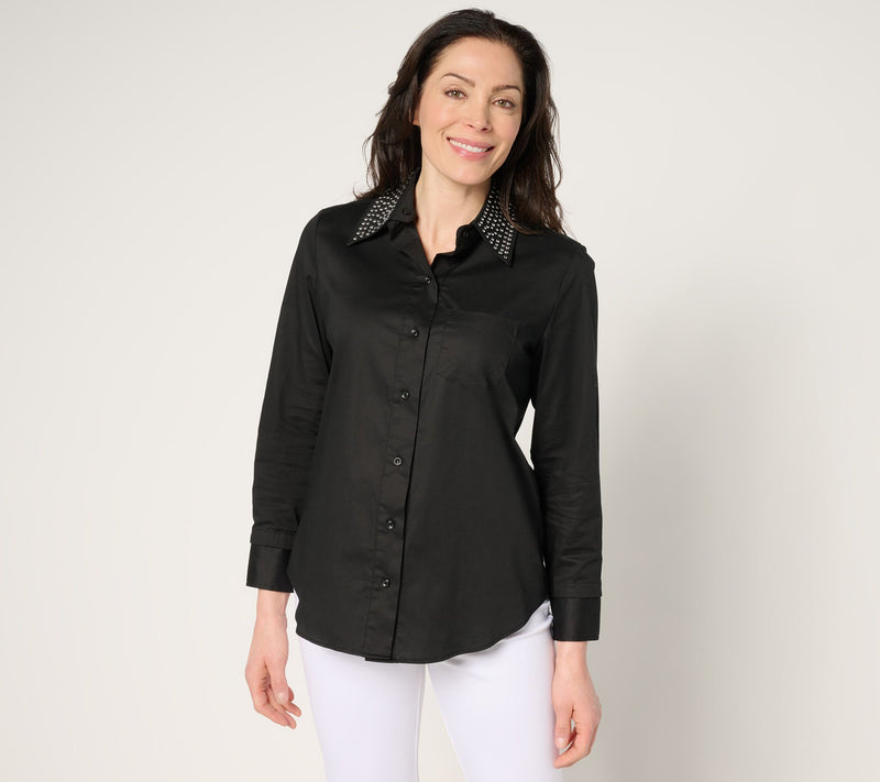 by Stacy London Poplin Button Front Foundation Shirt- Black — Main view