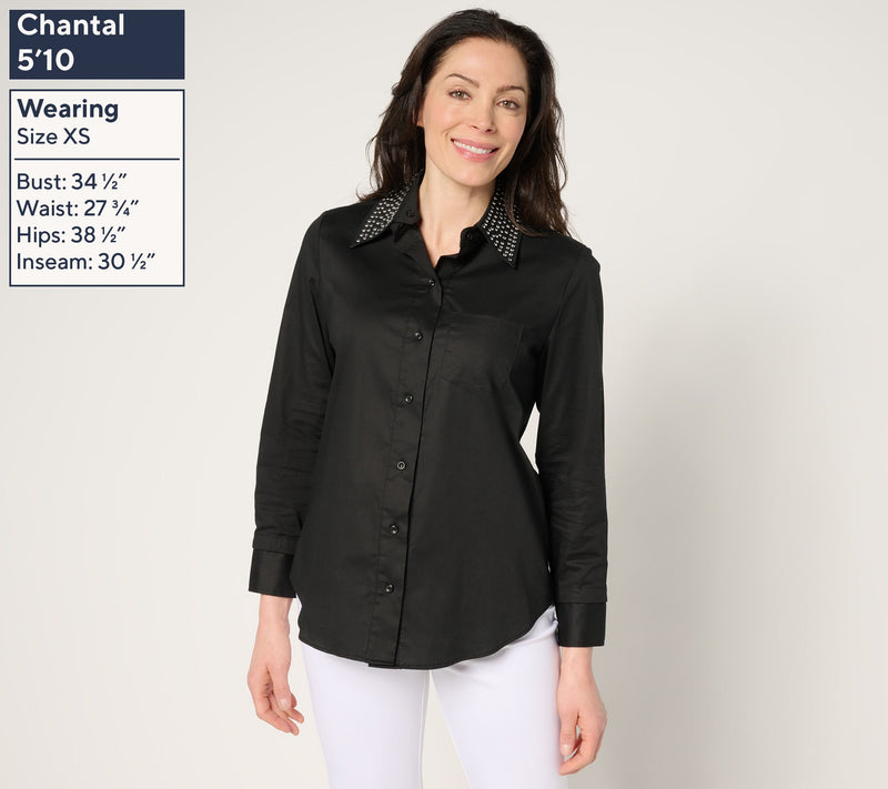 by Stacy London Poplin Button Front Foundation Shirt- Black — View 3