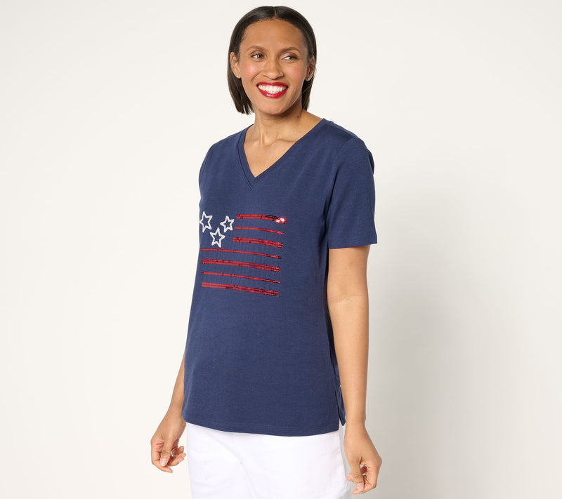 Denim & Co. Americana Favorite Jersey Sequin Flag V-Neck Top — View 11