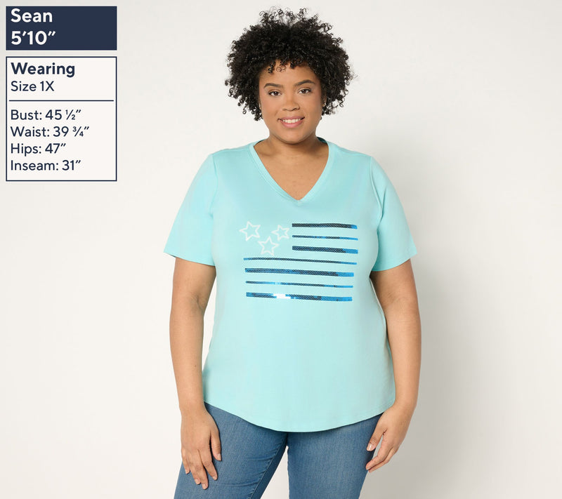 Denim & Co. Americana Favorite Jersey Sequin Flag V-Neck Top — View 12