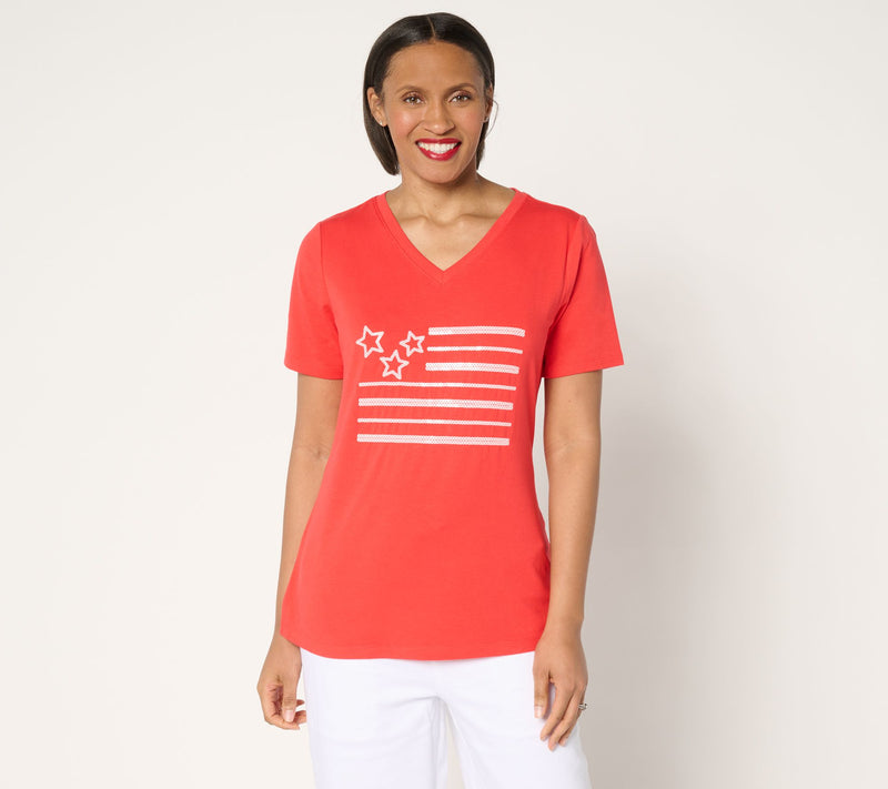 Denim & Co. Americana Favorite Jersey Sequin Flag V-Neck Top — View 3