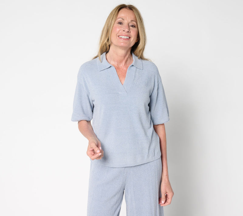 Barefoot Dreams CozyChic Ultra Lite Collared Short Sleeve With Slit — View 3