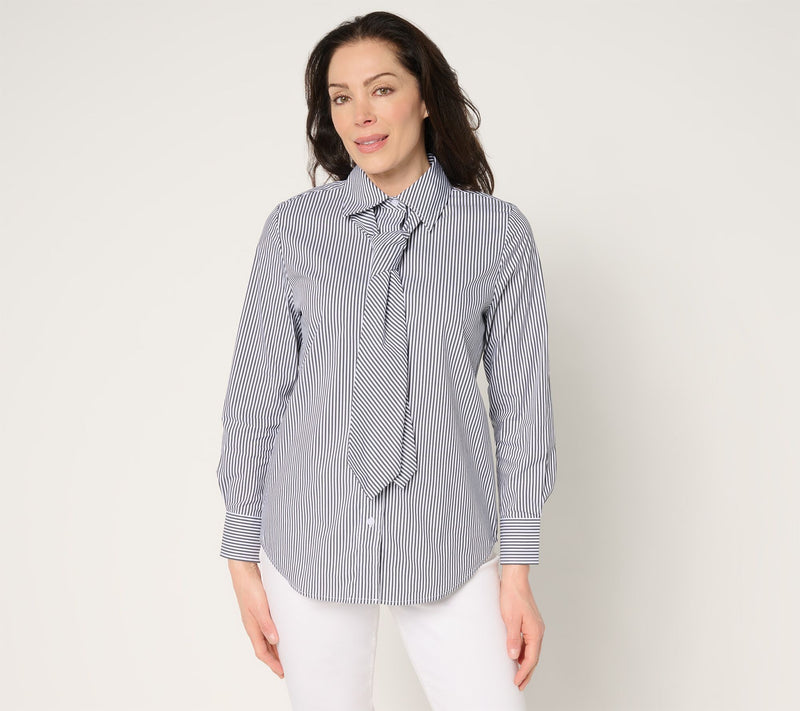 by Stacy London Striped Poplin Self Neck Tie Button Front Shirt — View 10
