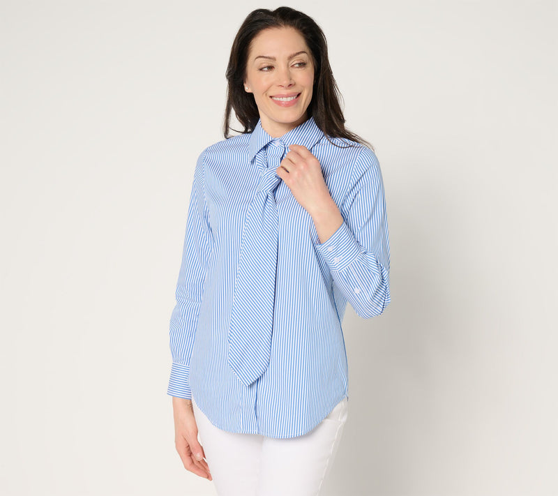 by Stacy London Striped Poplin Self Neck Tie Button Front Shirt — View 11