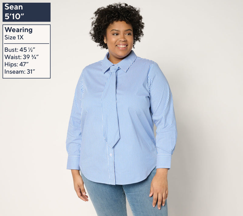 by Stacy London Striped Poplin Self Neck Tie Button Front Shirt — View 2