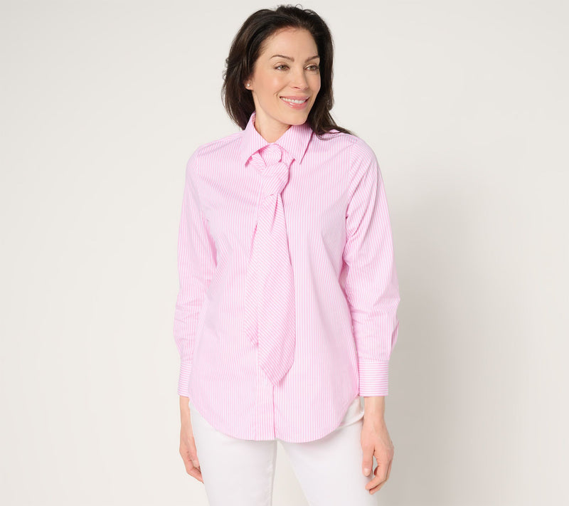 by Stacy London Striped Poplin Self Neck Tie Button Front Shirt — Main view