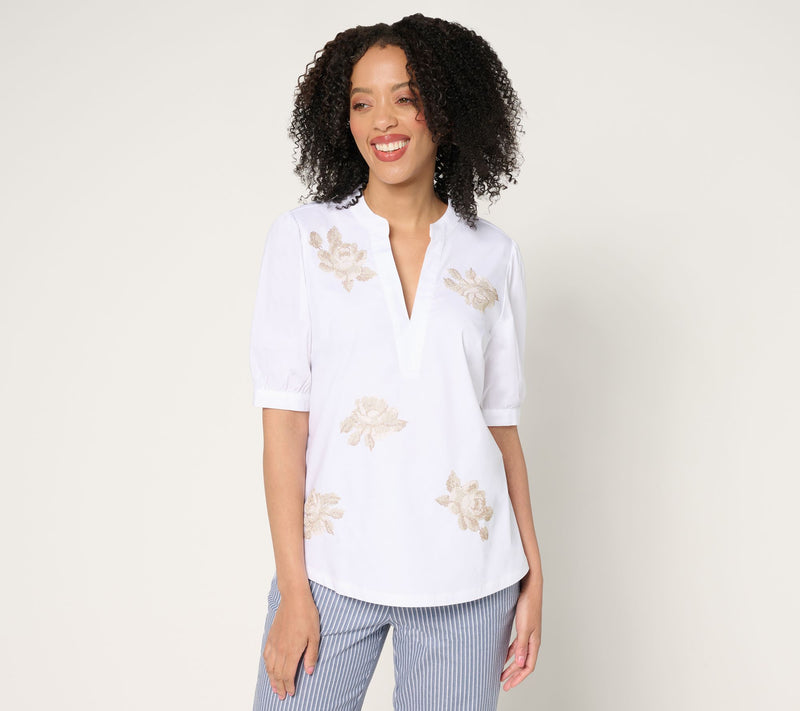BEAUTIFUL by Lawrence Zarian Split Neck Embroidered Puff-Sleeve Top — View 12
