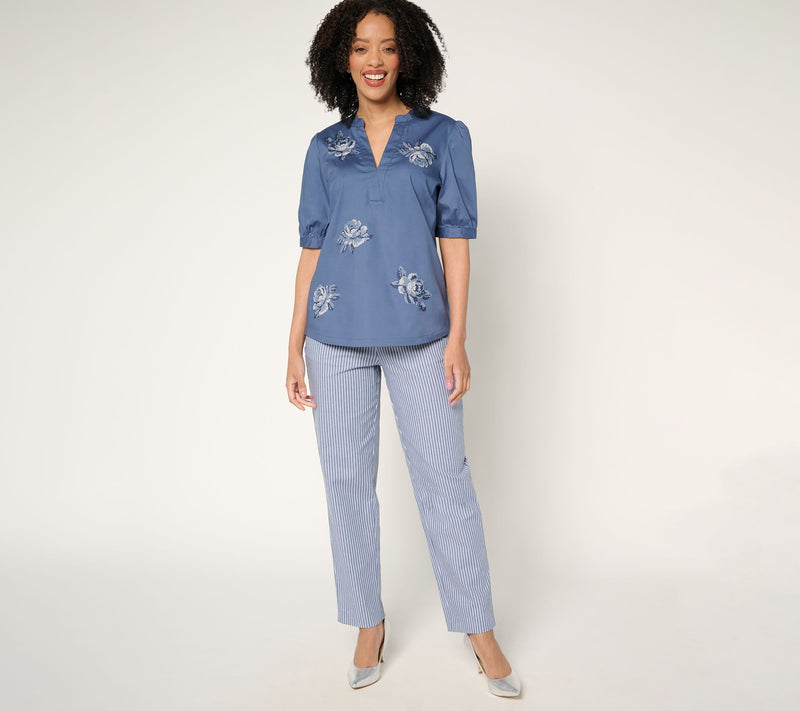 BEAUTIFUL by Lawrence Zarian Split Neck Embroidered Puff-Sleeve Top — View 7