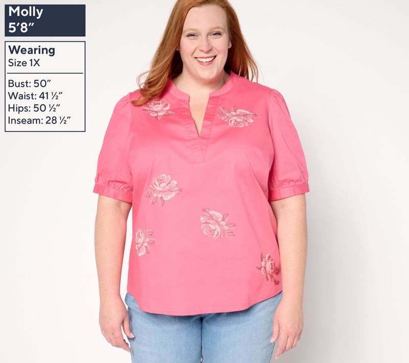 BEAUTIFUL by Lawrence Zarian Split Neck Embroidered Puff-Sleeve Top — View 4