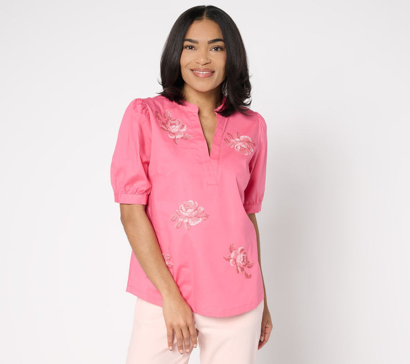BEAUTIFUL by Lawrence Zarian Split Neck Embroidered Puff-Sleeve Top — View 13