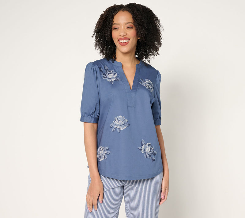 BEAUTIFUL by Lawrence Zarian Split Neck Embroidered Puff-Sleeve Top — View 14