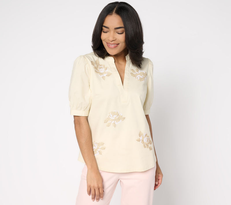 BEAUTIFUL by Lawrence Zarian Split Neck Embroidered Puff-Sleeve Top — View 15
