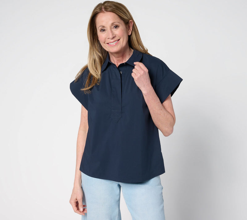 Carla Rockmore Collection Cotton Poplin Short Sleeve Henley Shirt — View 2