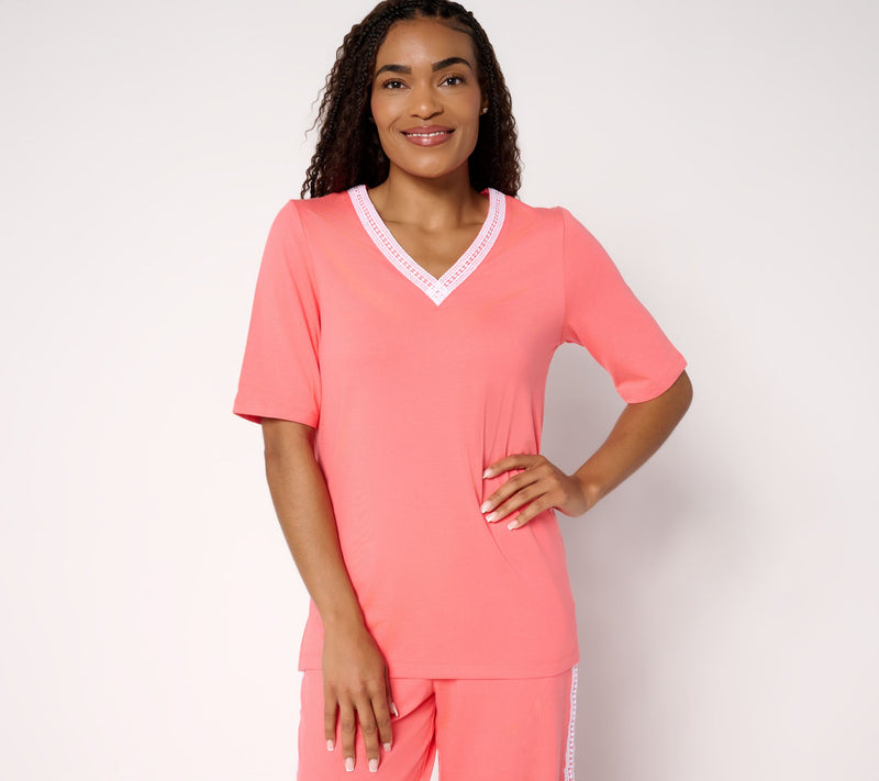 Cuddl Duds Cottonwear+ V-Neck Crochet Trim Tee — Main view