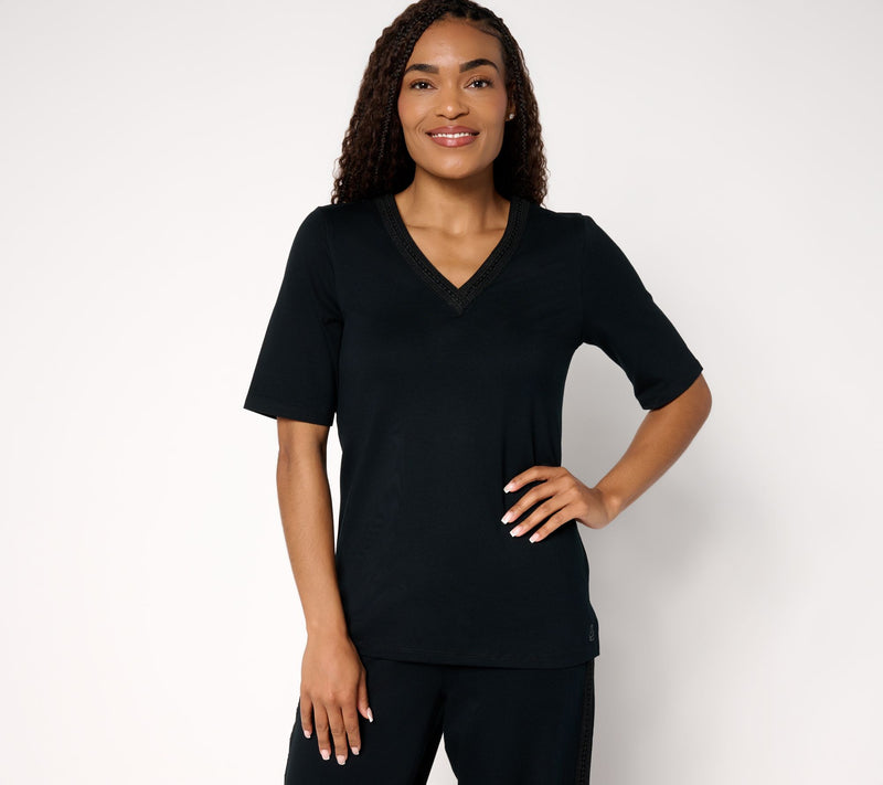 Cuddl Duds Cottonwear+ V-Neck Crochet Trim Tee — View 7