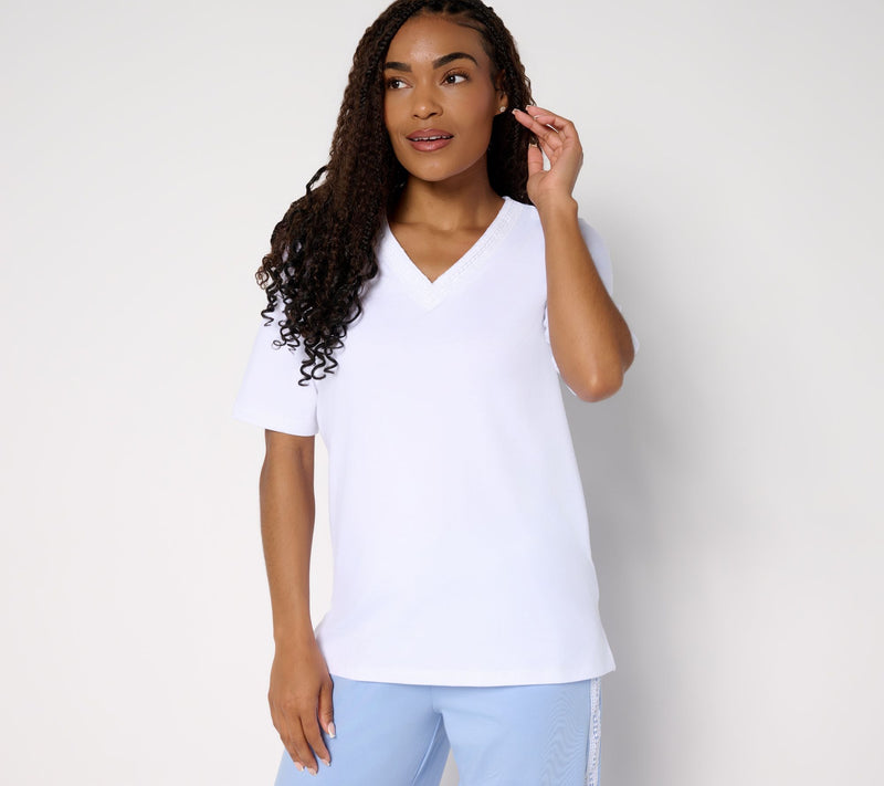 Cuddl Duds Cottonwear+ V-Neck Crochet Trim Tee — View 9