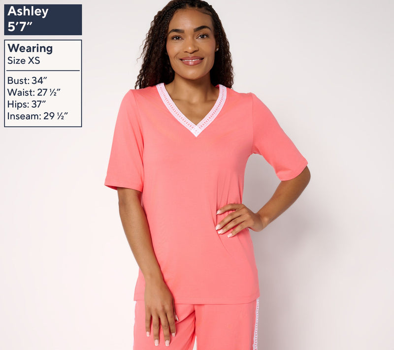 Cuddl Duds Cottonwear+ V-Neck Crochet Trim Tee — View 11