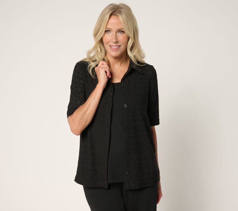 Cuddl Duds Eyelet Button Up Collared Top — View 3